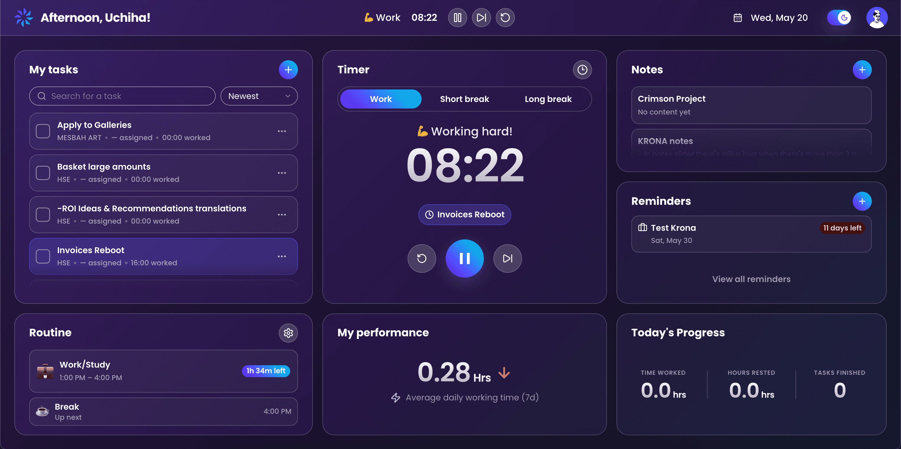 Krona dashboard — tasks, timer, notes, and daily progress in one view